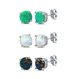 18K White Gold Plated Black, White & Green Created Opal Stud Earrings 3
